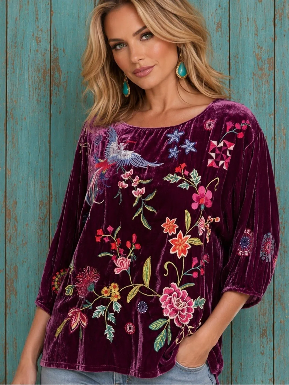 Johnny Was Nikkola heavily embroidered Purple Velvet Boatneck Blouse NWT